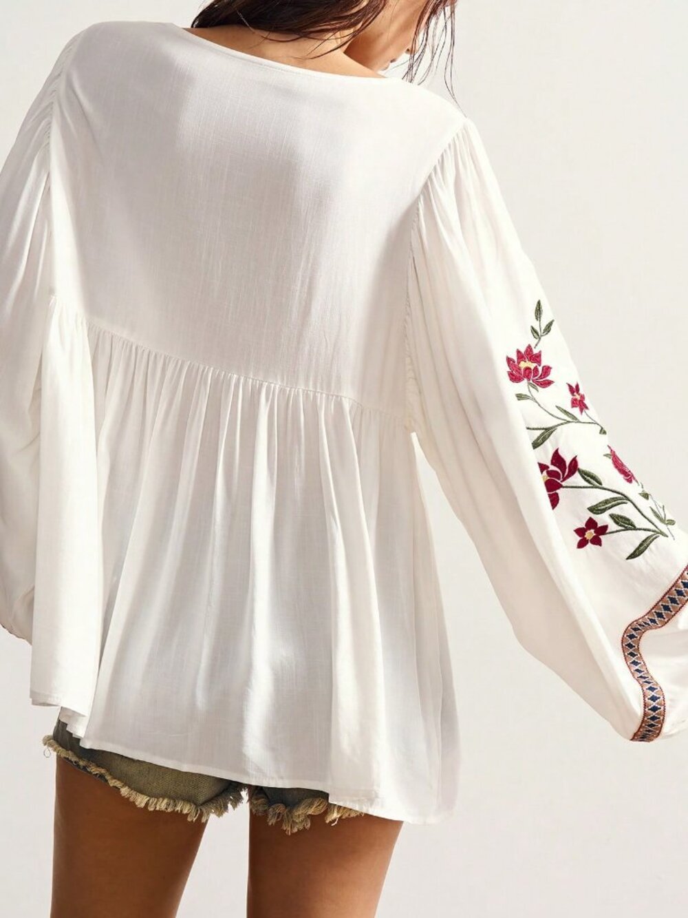 White Boho Women's Floral Knot Front Long Sleeve Casual Blouse - Picture 6 of 7